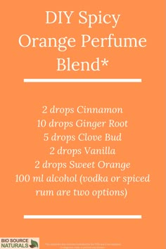 Add some spice to you life by creating this DIY essential oil perfume. Put the alcohol in a dark glass bottle and add the essential oils. Cover tightly and gently shake. Allow blend to sit for 2-6 weeks, then enjoy the fragrance!  Click the image for product information and more perfume recipes!  #aromatherapy #DIY # essentialoils Cinnamon Perfume Diy, Essential Oil Mixes For Perfume, Diy Fall Essential Oil Perfume, Sandalwood Essential Oil Blends Perfume, Natural Perfume Recipes, Tangerine Essential Oil Blends, Diy Fragrance