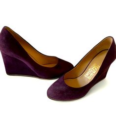 Perfect For Fall!! Deep Jewel-Toned Plum Purple Sude Wedges. Excellent Condition; Umblemished Suede, Pristine Metallic Gold Borders. Made In Italy. Size 8, Approx. 3.5" Heel. Salvatore Ferragamo Shoes, Gold Border, Ferragamo Shoes, Suede Wedges, Plum Purple, Womens Shoes Wedges, Metallic Gold, Salvatore Ferragamo, Borders