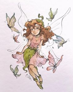 a drawing of a fairy with butterflies around her