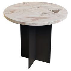 a round marble table with black metal base