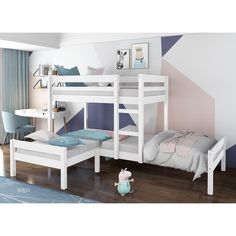 a white bunk bed sitting next to a blue rug on top of a hard wood floor