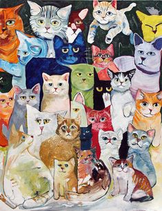 a painting of many cats all different colors and sizes, with one cat looking at the camera