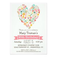 a heart shaped birthday party card with flowers and hearts on the front, in pink