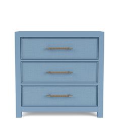 a blue dresser with three drawers and gold pulls on the bottom drawer, against a white background