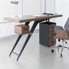 an office desk with two drawers and a chair