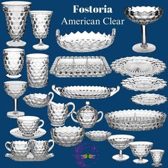 an assortment of glassware is shown on a blue background with the words, fosteria american clear