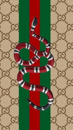 a red and green snake on a gucci stripe background