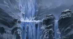 an artistic painting of a waterfall in the middle of winter with snow on it's sides