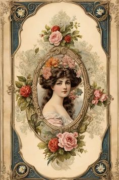 a painting of a woman with flowers in her hair and an oval frame on the wall