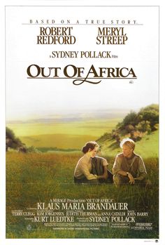 the movie poster for out of africa with two men sitting on grass in front of them