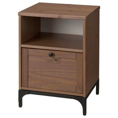 a wooden cabinet with two drawers on one side and an open drawer on the other