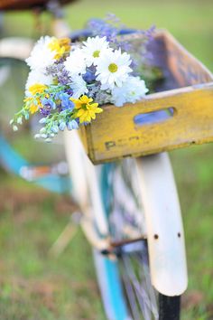 a blue bicycle with flowers in the basket