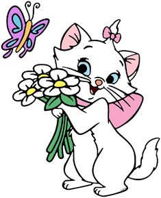 a cartoon cat holding flowers and a butterfly