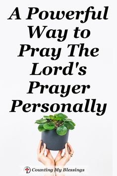 a person holding a potted plant with the words, a powerful way to pray the lord's prayer personality