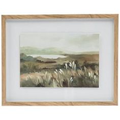 an image of a painting in a wooden frame with grass and water on the other side