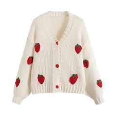 Strawberry Knitted Sweater Women Puff Long Sleeve Sweater Cardigan Harajuku Crochet Women’s Strawberries Knit Jacket Cropped Coat Oversized Button Up Fruit #Jumpers #Strawberry #Sweater #Cardigans #Red Cute Aesthetic Sweaters, Strawberry Core Aesthetic Outfit, Crochet Coats & Jackets, Strawberry Themed Clothes, Casual White Cardigan For Winter, Casual White Winter Cardigan, White Trendy Acrylic Cardigan, Trendy White Acrylic Cardigan, White Knitted Trendy Outerwear