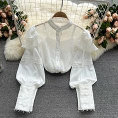 Embroidered chiffon lace blouse, stand-up collar shirt, solid color halter top, two setsMaterial:blendedColor:white,blackStyle:chicFeatures:emroidered ,laceSize(CM):free 1inch=2.54cmlength:60,sleeve:61,bust:100,waist:90&ltp&gtspagheti strap top:length:48,bust:66-80</p>&ltbr/>&ltp&gtAll items will arrive in about 20-25 business days, if you have an emergency, please contact us to upgrade logistics.</p>&ltbr/>&ltp&gtNeed to add 16 dollars fast ship Chiffon Lace Blouse, Blouse Korean Style, Chiffon Tops Blouses, Feminine Top, Spring Women, Lace Hem, Floral Chiffon, Lace Shirt, Chiffon Blouse