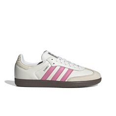 adidas Originals Samba "Cloud White/Lucid Pink/Wonder White" Women's Shoe - Hibbett | City Gear Pink And White Adidas Shoes, Pink And White Sambas, Sambas Colorful, Pink Sambas Outfit, Cute Sambas, Adidas Samba Pink, Cute Everyday Shoes, Sneakers Adidas Women, Sambas Adidas Women