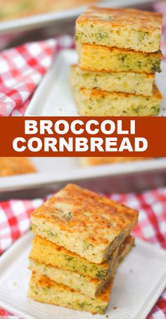 broccoli cornbread is stacked on top of each other