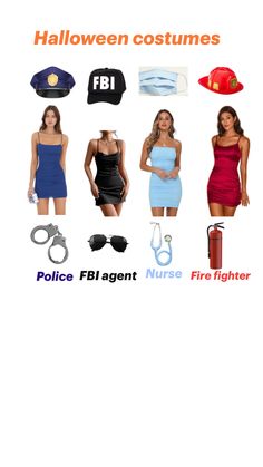 the poster shows different types of costumes for women and men, including police hats, firefighter