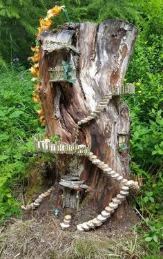 a tree stump that has stairs made out of rocks and wood in the middle of it