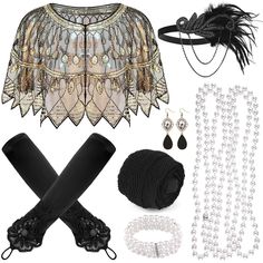 PRICES MAY VARY. 1920s Accessory Kit: You will receive 1 short sequin shawl, 1 black feather headband, 1 pearl bracelet, 1 pearl necklace, 1 black holder prop, 1 pair of black lace gloves, 1 pair of earrings, 1 pair of net tight, a total of 8 pieces, can meet your various clothing outfit needs One Size: The flapper costume shawl measures approximately 34cm/ 13.4inches long, and the long black gloves, headband and net tight are elastic, the black prop are stretchable, 20s gatsby flapper accessori Roaring 20s Outfit, Cloak Outfit, Il Grande Gatsby, Long Black Gloves, Black Lace Gloves, 1920s Accessories, Flapper Accessories, Gatsby Costume, Flapper Costume