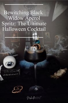 a halloween cocktail in a glass with the caption bewitching black widow aperoli spirit the ultimate halloween cocktail