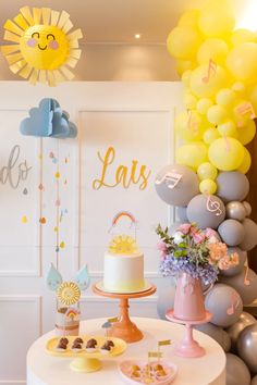 a birthday party with balloons, cake and decorations