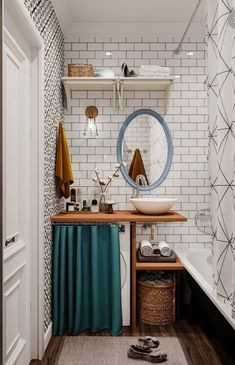 a bathroom with a sink, mirror and bathtub next to a shower curtain on the wall