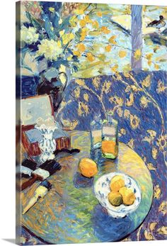 a painting of oranges on a table in front of a tree with leaves and flowers