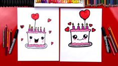 two birthday cards with candles and hearts on them