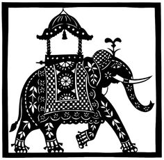 an intricately designed elephant is shown in black and white, on a white background