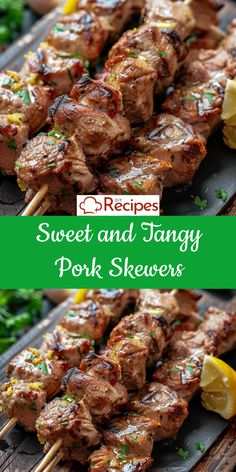 sweet and tangy pork skewers with lemon wedges