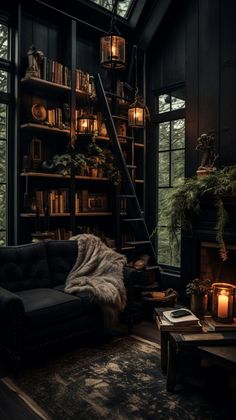 a living room filled with furniture and a fire place in front of a book shelf