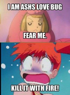 anime memes with the caption saying i am ash love bug fear me kill it with fire