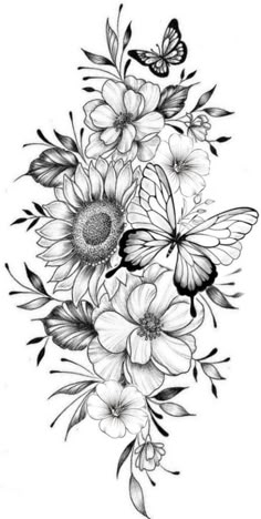 a black and white drawing of flowers with a butterfly on the bottom half of it