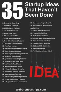 Ready to make your mark with a fresh and innovative business? Check out our list of 35 best startup ideas that haven't been done yet. From tech to education, these ideas are ripe for pioneering entrepreneurs. #BusinessIdeas #SmallBusiness #StartupIdeas #Education #Finance Best Startup Business Ideas, List Of Small Business Ideas, Startup Ideas Entrepreneurship, Online Business Ideas Start Up, How To Get Money To Start A Business, Business Ideas Start Up, Best Small Business Ideas Startups, Enterpreuner Ideas, How To Start A Business