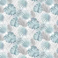 a pattern with tropical leaves and plants on a white background in shades of blue, gold and green