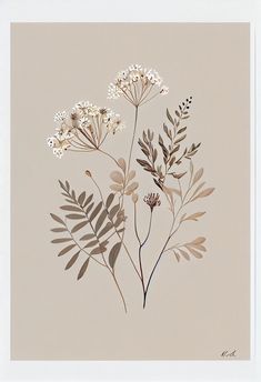 some white flowers and green leaves on a beige background