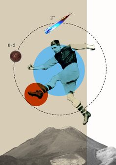 an image of a man kicking a ball with mountains in the backgrouds