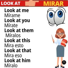 a woman holding a book and pointing to the word mirar in front of her