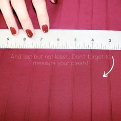 a woman measuring her nails with a tape on top of red fabric and the words, and last but not least don't forget to measure your plats