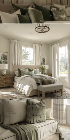 two pictures of a bedroom with white and green decor