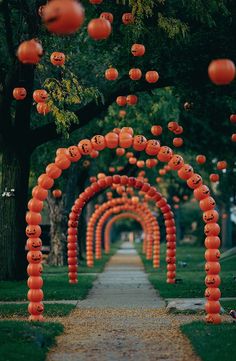 an archway made out of orange balloons and pumpkin heads hanging from the ceiling, with trees in the background