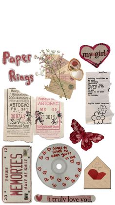 many different types of paper and stickers on a white surface with words written in them