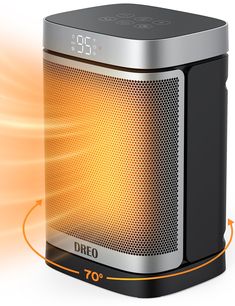 an electric heater with thermometer on it's side and light coming out