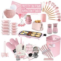 pink kitchen appliances and utensils are arranged on a white background with the words pretty in pink amazon finds