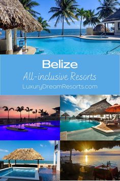 the resort is surrounded by palm trees and blue water, with text that reads belize all