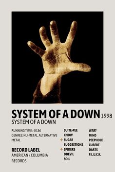 the poster for system of a down, which features hands in different colors and sizes