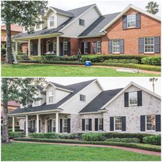 two pictures of a house with black shutters and red brick on the front, one has white trim